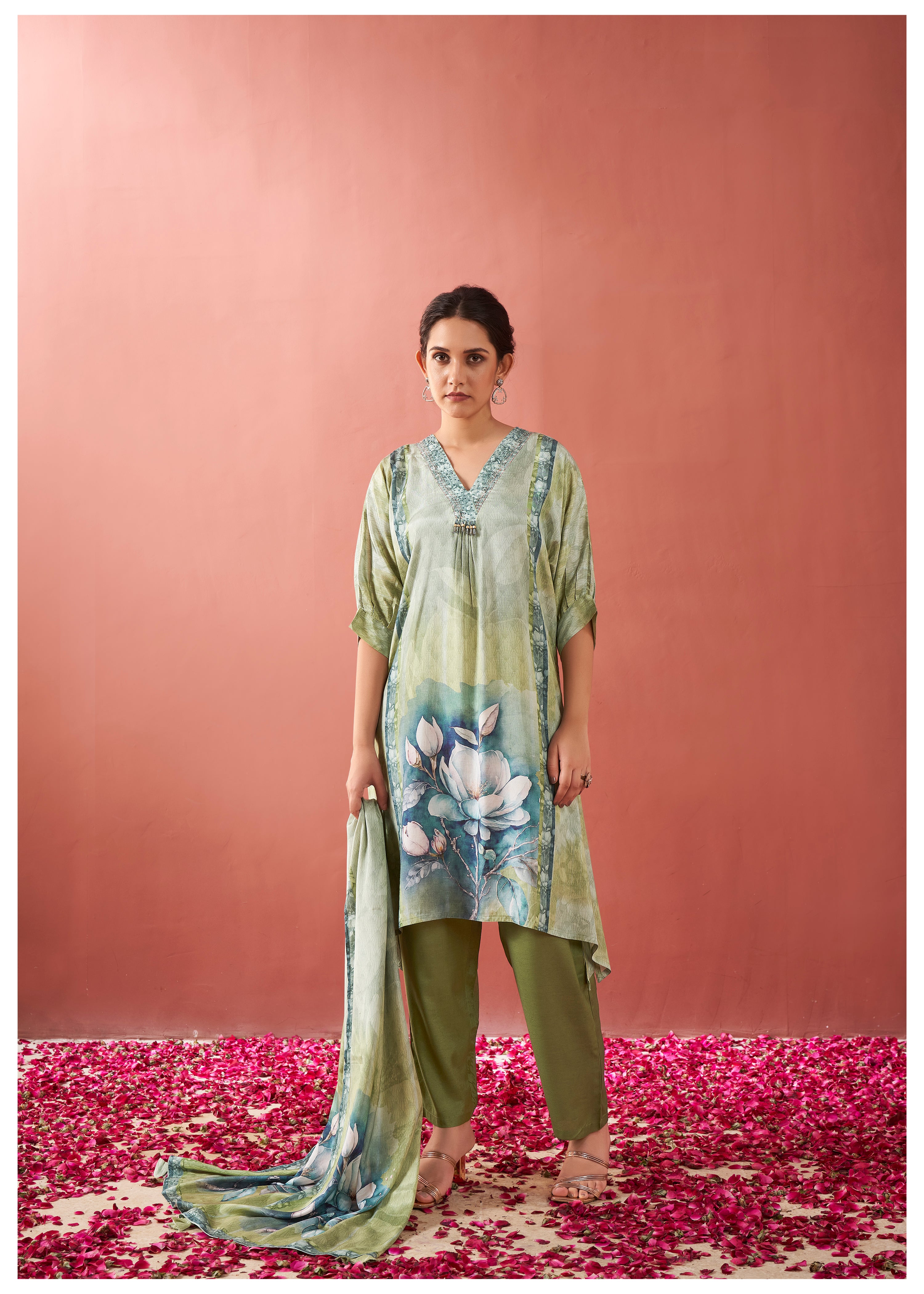 Sage Green Magnolia Flower Print  Viscose Silk Kurta Set