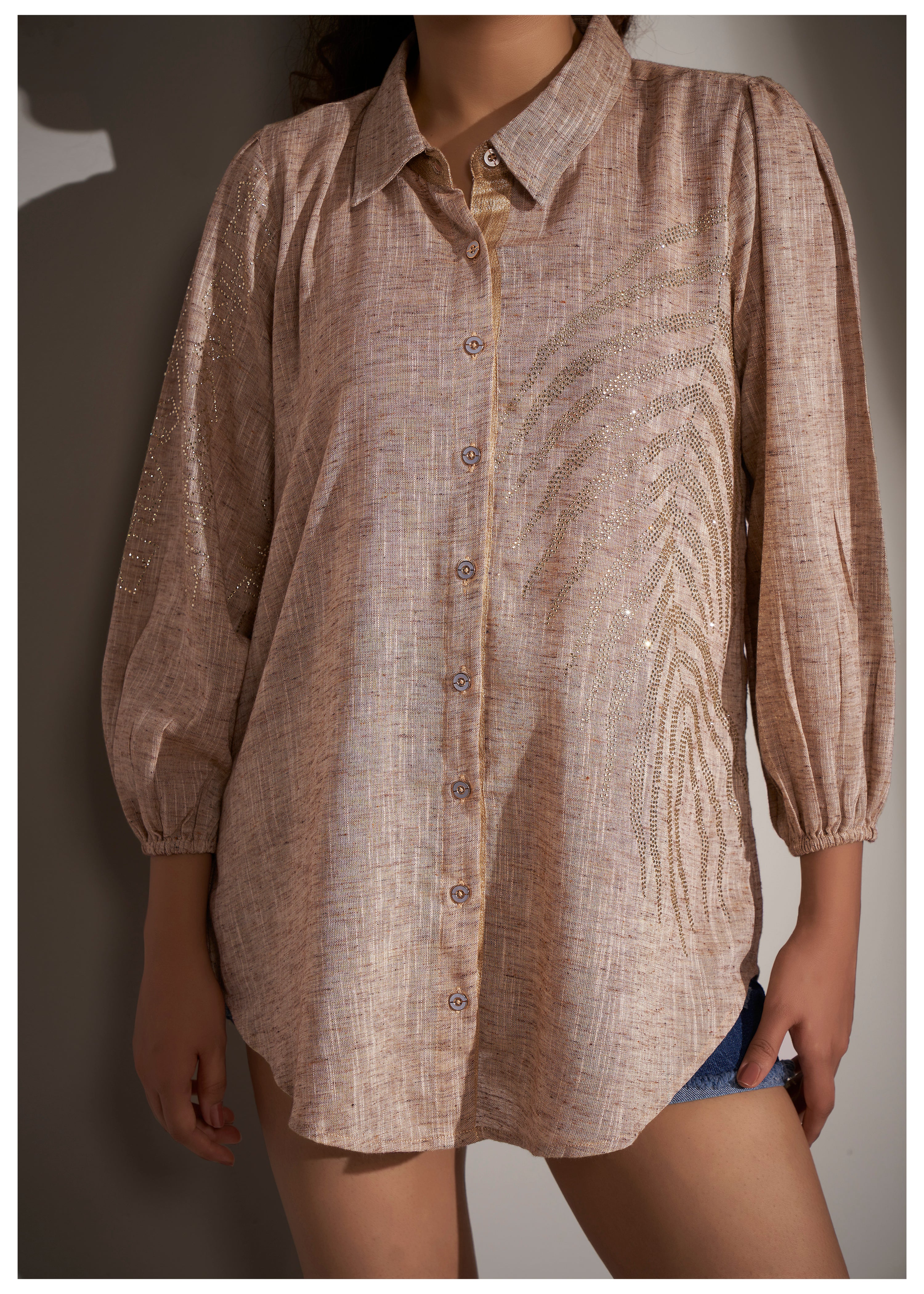 Beige Cotton Khadi Shirt with Fern Leaf Rhinestone Detailing