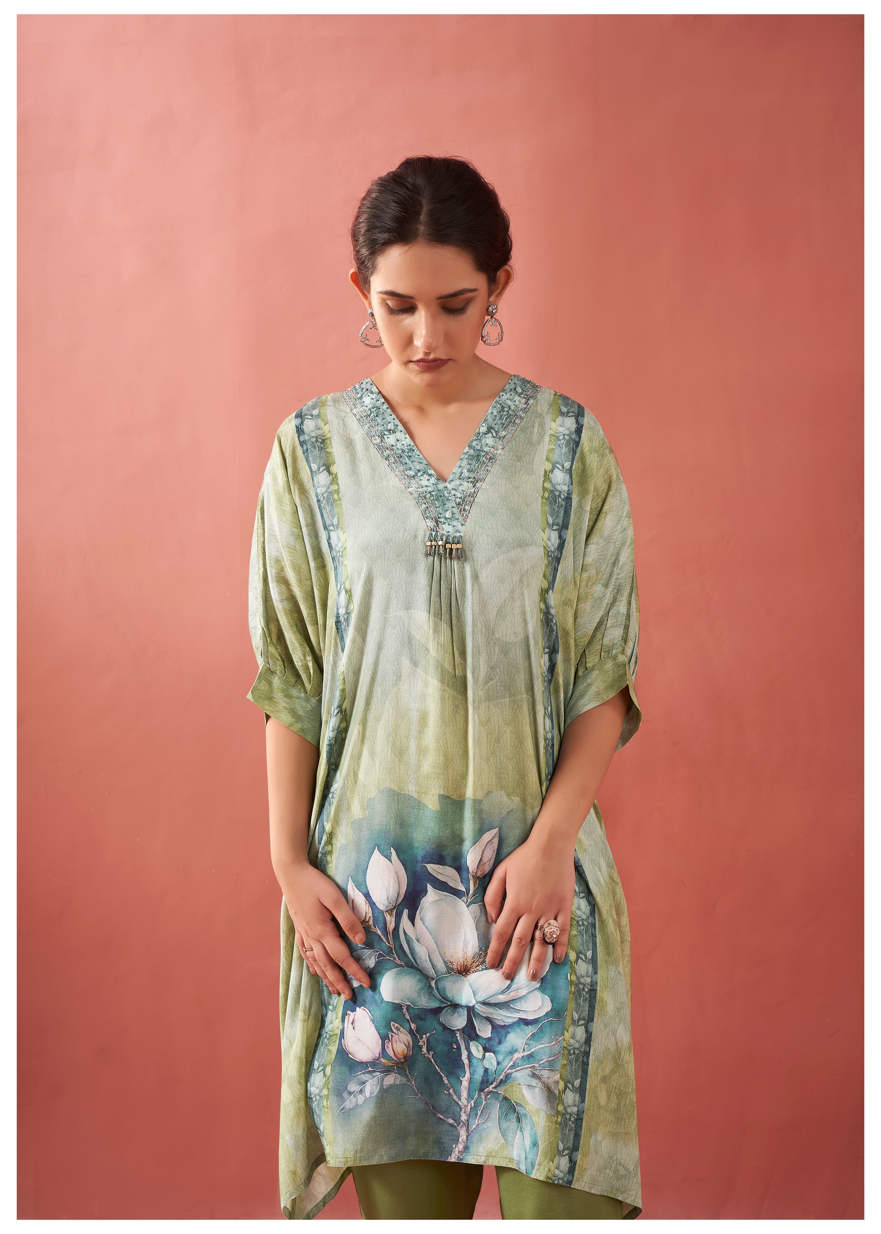 Sage Green Magnolia Flower Print  Viscose Silk Kurta Set