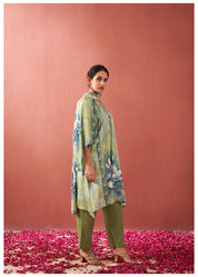 Sage Green Magnolia Flower Print  Viscose Silk Kurta Set