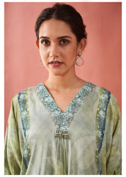 Sage Green Magnolia Flower Print  Viscose Silk Kurta Set