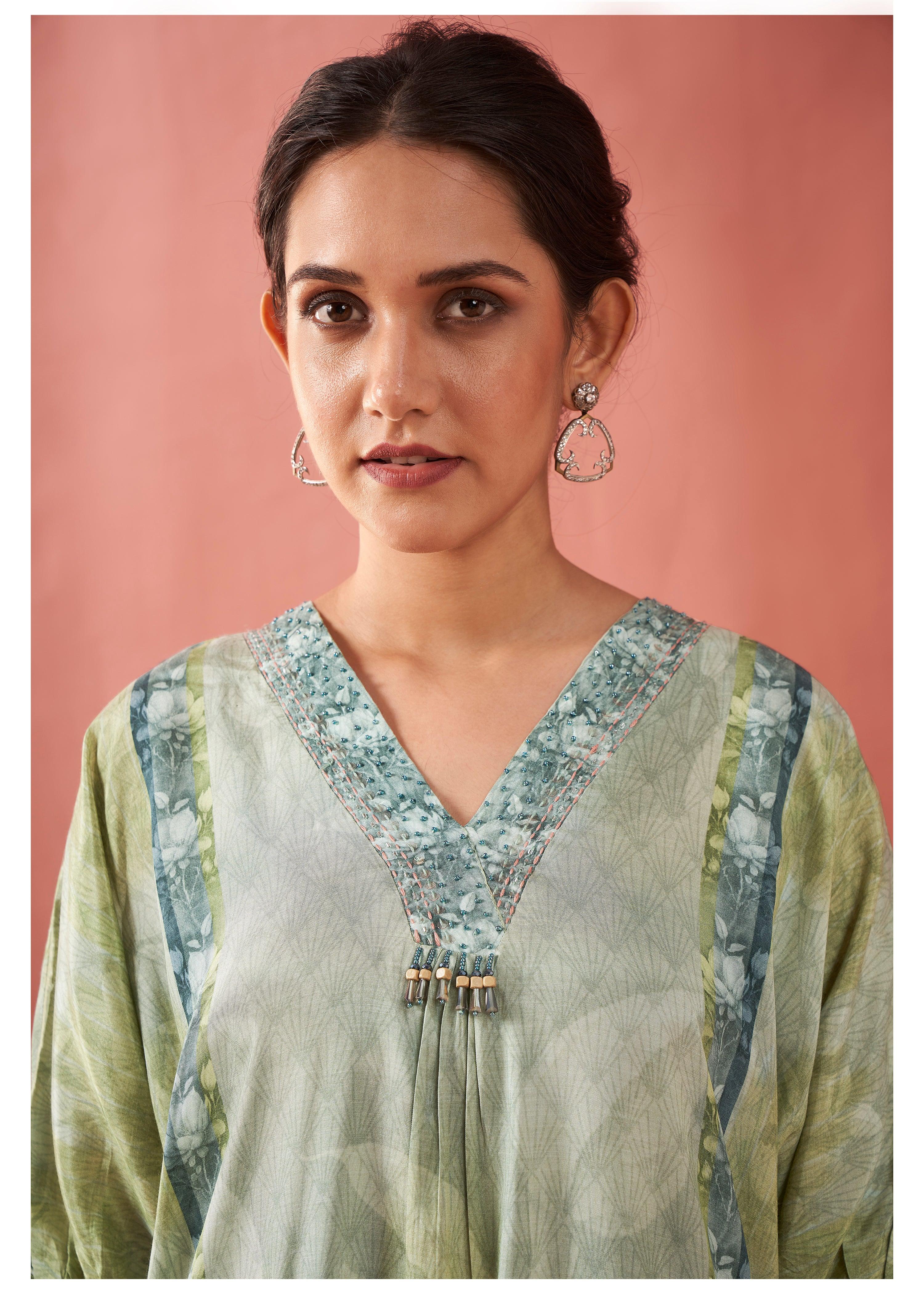 Sage Green Magnolia Flower Print  Viscose Silk Kurta Set