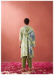 Sage Green Magnolia Flower Print  Viscose Silk Kurta Set