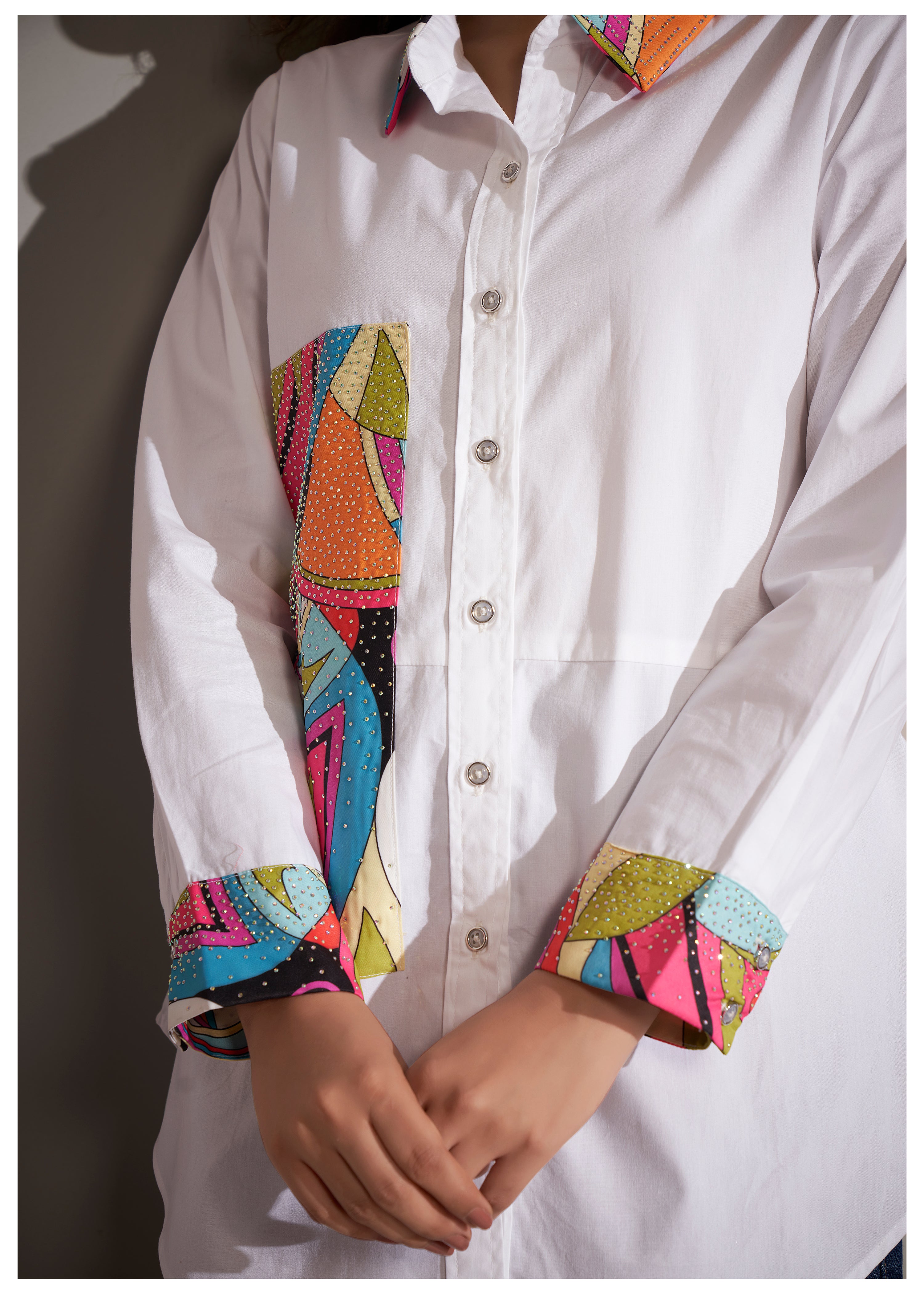 White Cotton Shirt with Pop Art Print and Rhinestone Accents