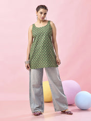 Green Geometric Floral Printed Cotton Short Kurti with Dori Tie-Back