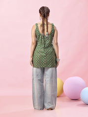 Green Geometric Floral Printed Cotton Short Kurti with Dori Tie-Back