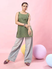 Green Geometric Floral Printed Cotton Short Kurti with Dori Tie-Back