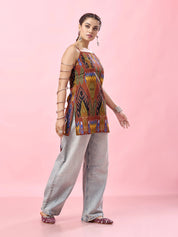 Rust Orange Bold Ikat Printed Backless Cotton Short Kurti