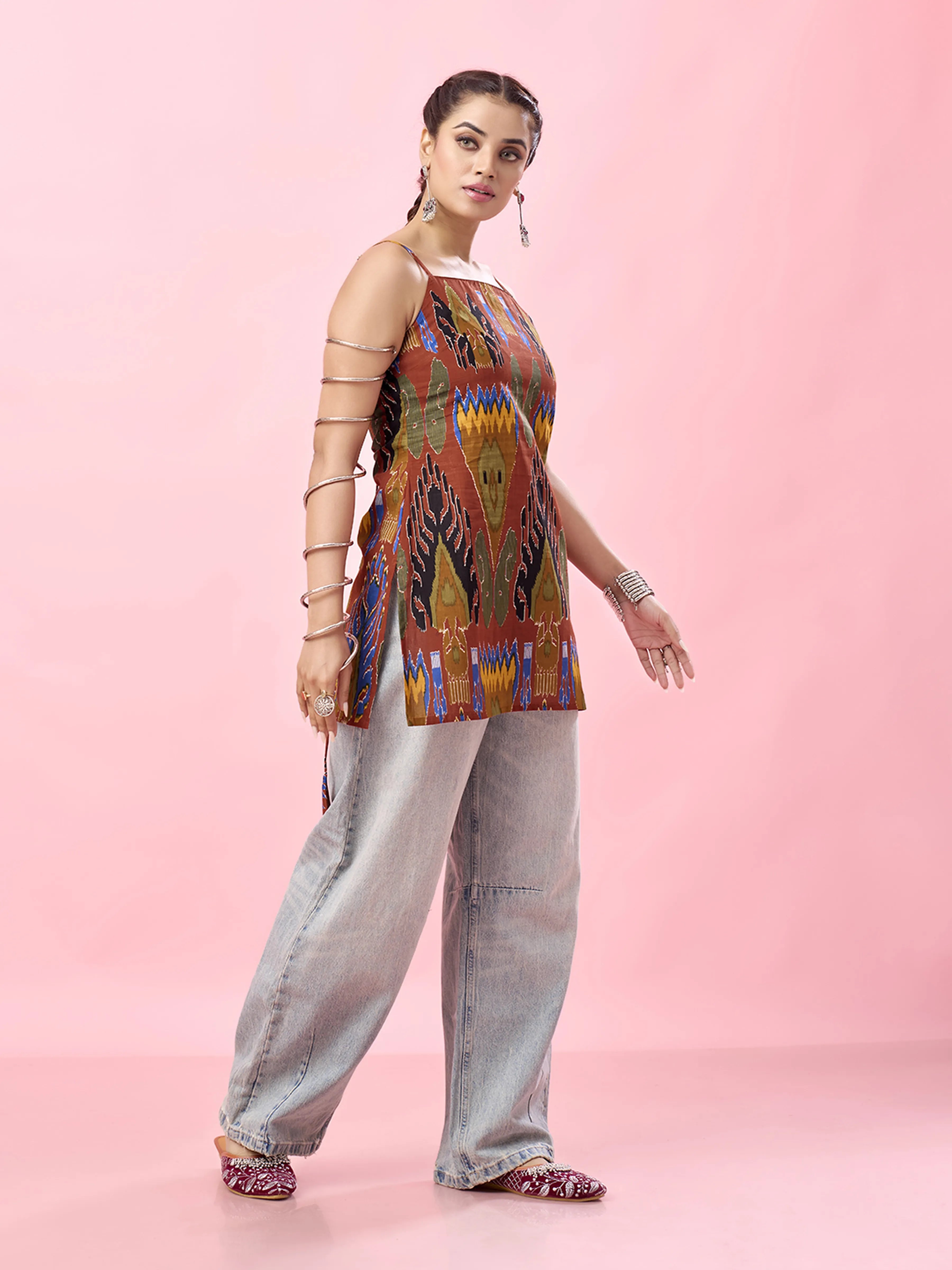 Rust Orange Bold Ikat Printed Backless Cotton Short Kurti