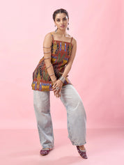 Rust Orange Bold Ikat Printed Backless Cotton Short Kurti