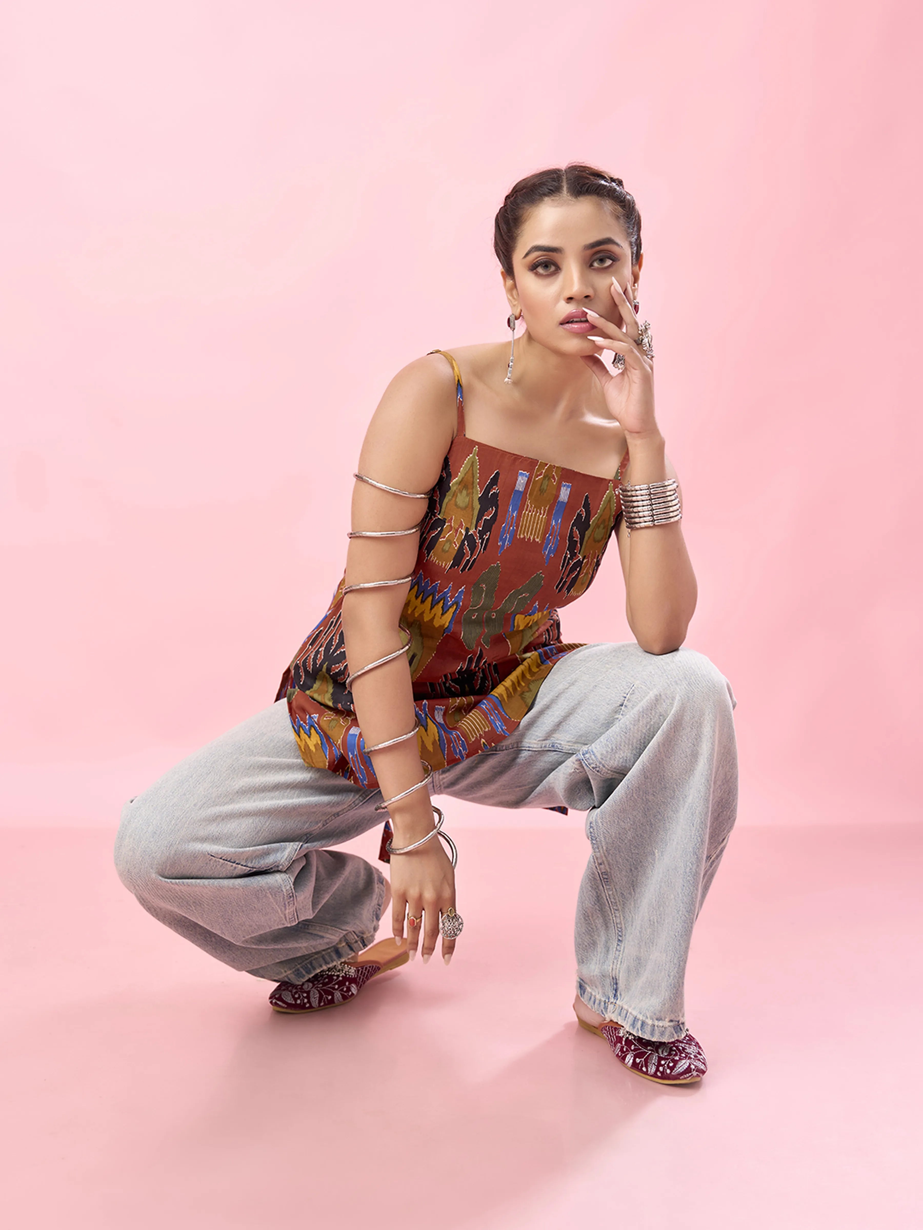 Rust Orange Bold Ikat Printed Backless Cotton Short Kurti