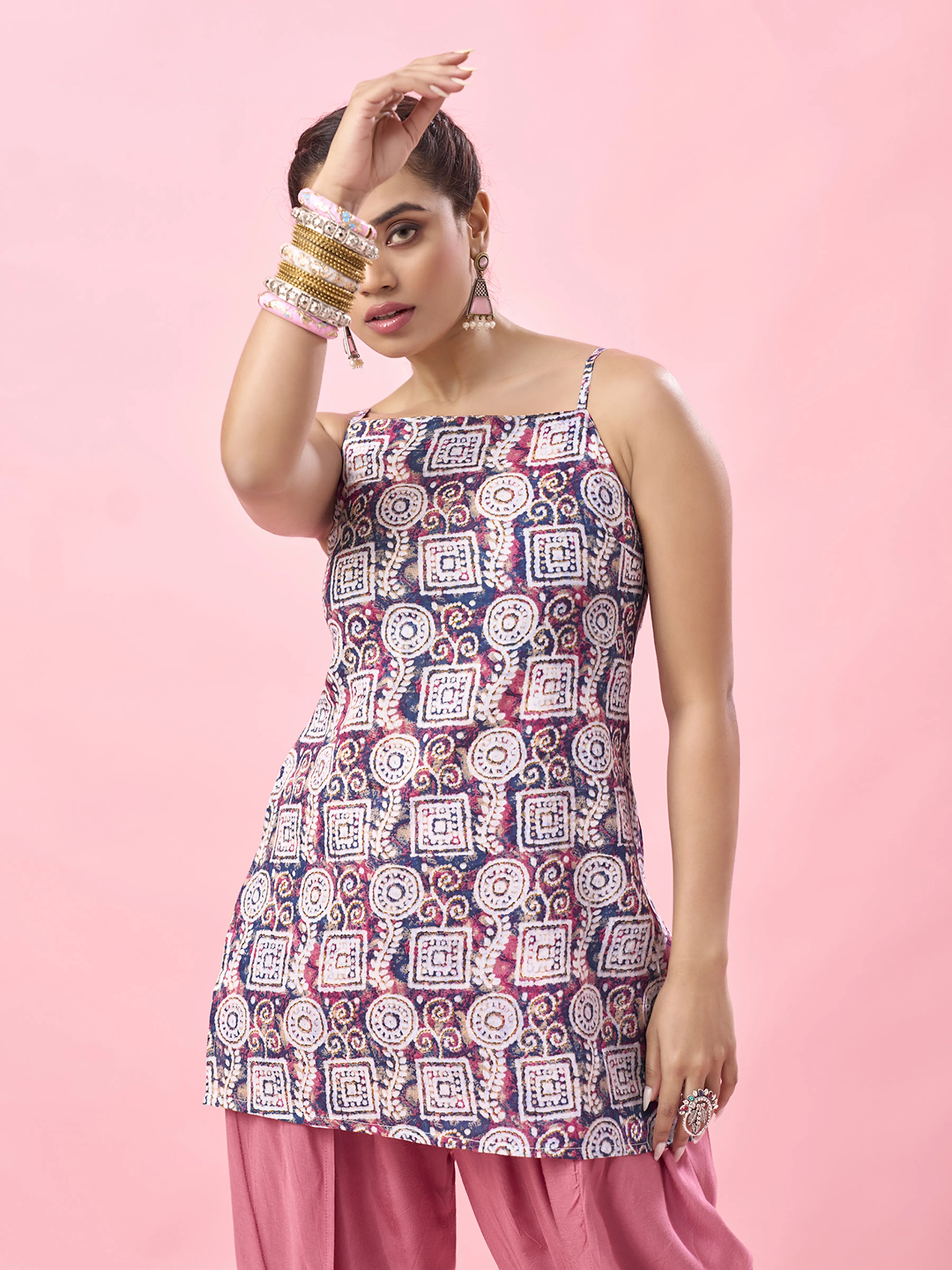 Multicolor Geometric Backless Cotton Short Kurti