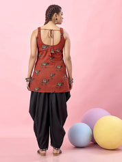 Rust Red Camel Motif Printed Backless Cotton Short Kurti