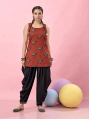 Rust Red Camel Motif Printed Backless Cotton Short Kurti