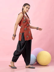 Rust Red Camel Motif Printed Backless Cotton Short Kurti