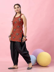 Rust Red Camel Motif Printed Backless Cotton Short Kurti