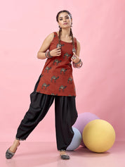 Rust Red Camel Motif Printed Backless Cotton Short Kurti