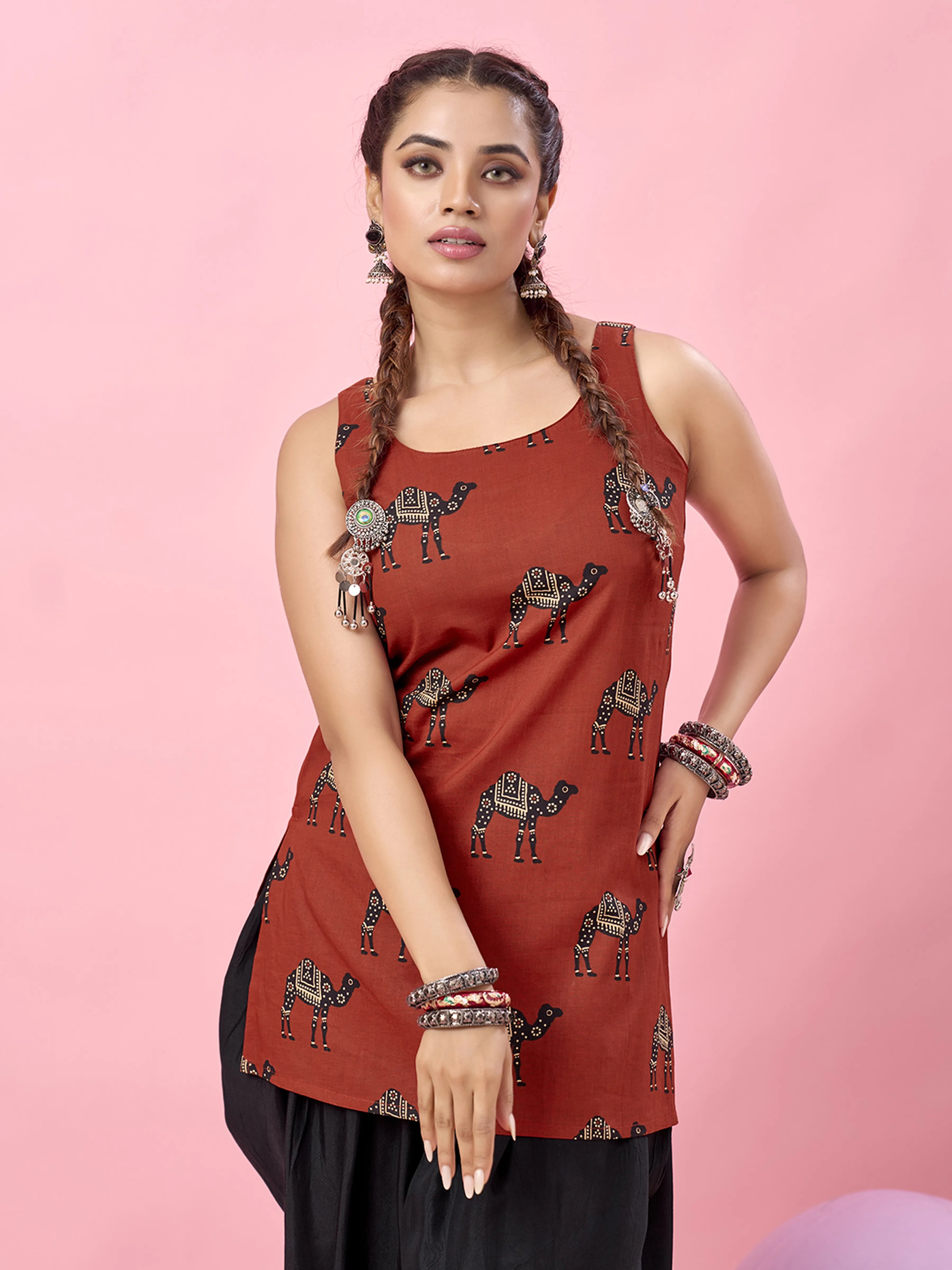 Rust Red Camel Motif Printed Backless Cotton Short Kurti