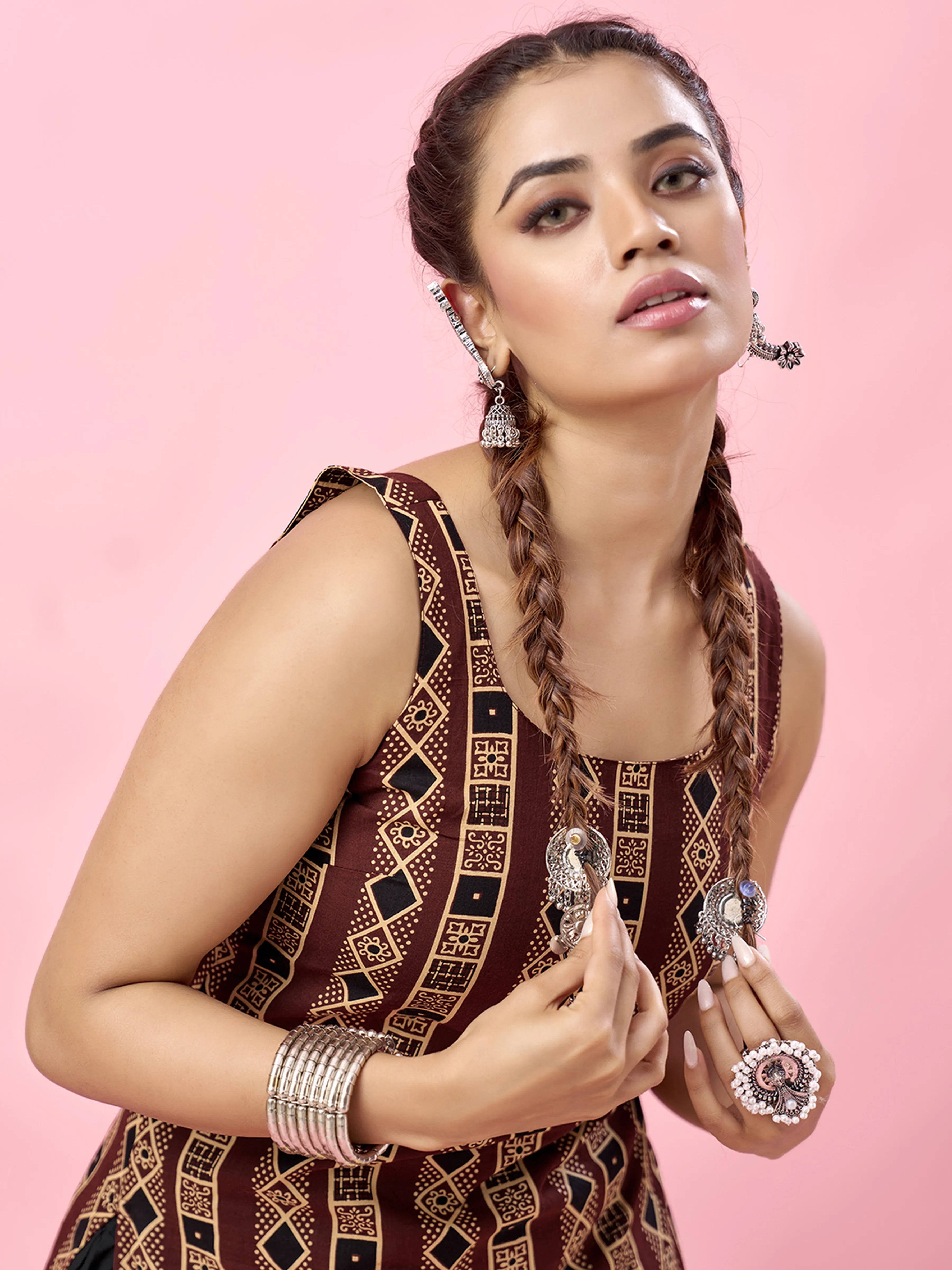 Maroon Geometric Printed Backless Cotton Short Kurti