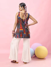 Bluish Grey Multicolor Ikat Printed Cotton Short Kurti with Tie-Back Detail