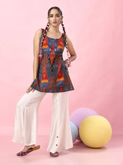 Bluish Grey Multicolor Ikat Printed Cotton Short Kurti with Tie-Back Detail