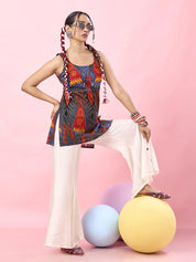 Bluish Grey Multicolor Ikat Printed Cotton Short Kurti with Tie-Back Detail