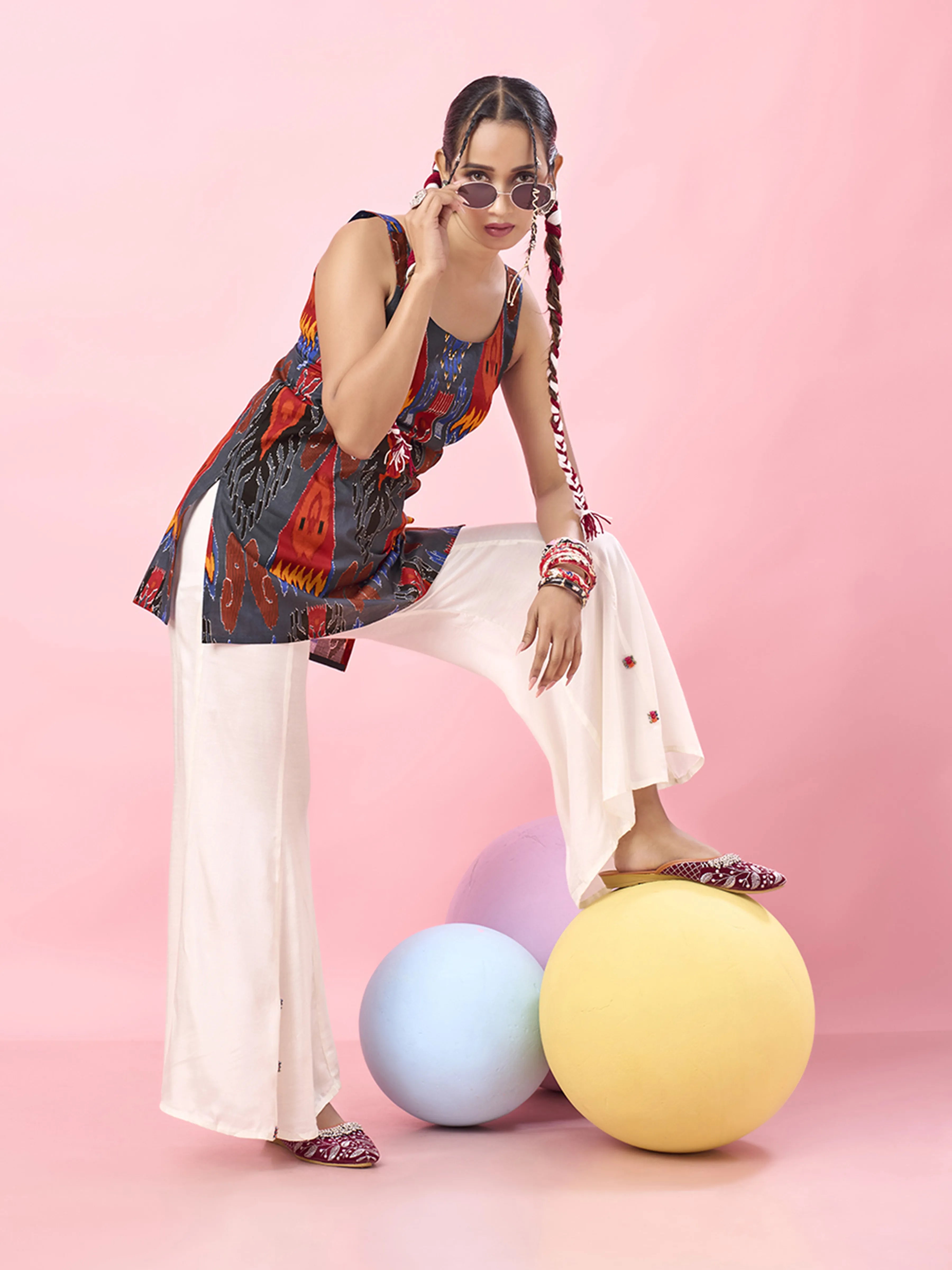 Bluish Grey Multicolor Ikat Printed Cotton Short Kurti with Tie-Back Detail