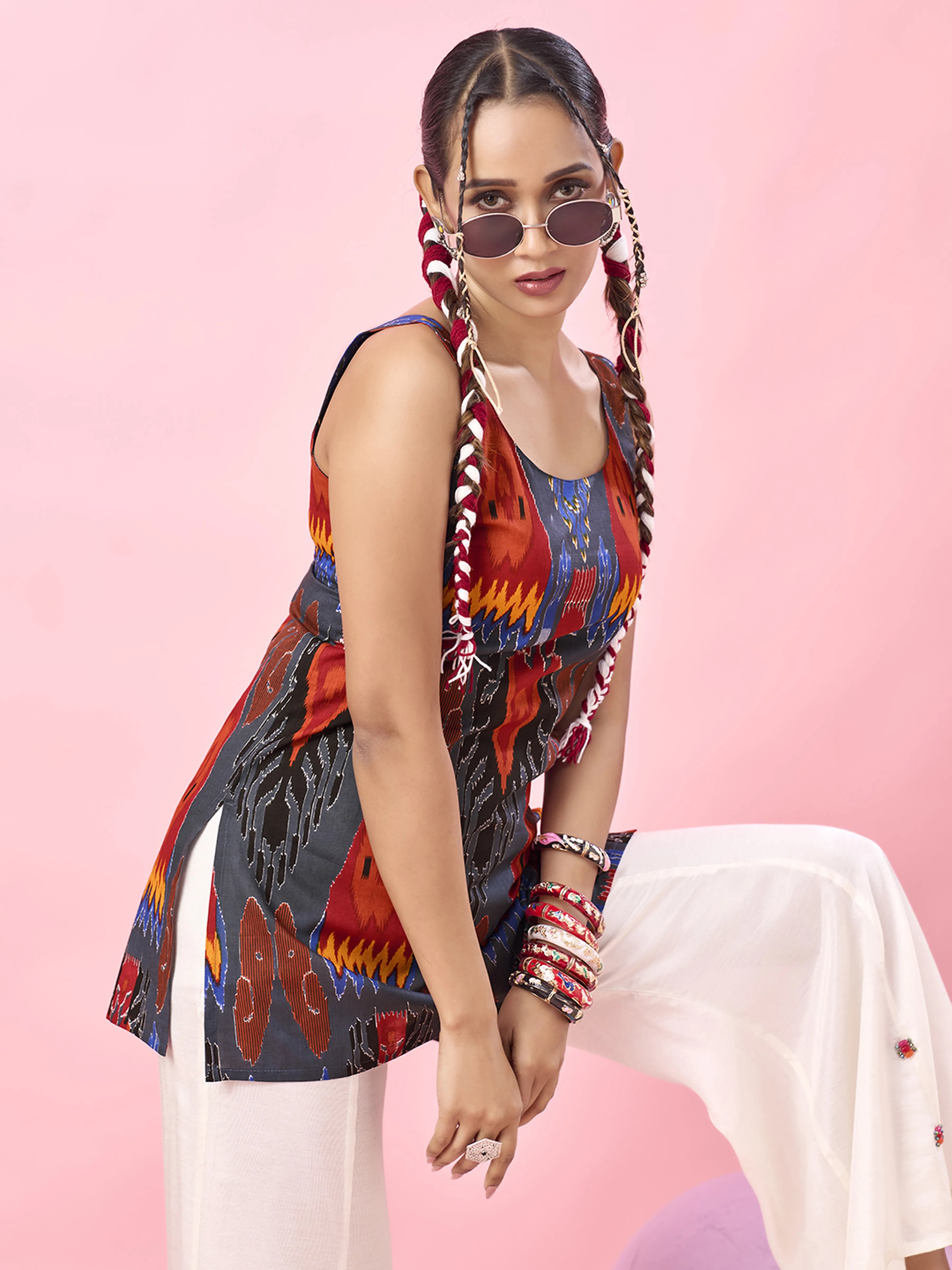 Bluish Grey Multicolor Ikat Printed Cotton Short Kurti with Tie-Back Detail