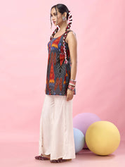 Bluish Grey Multicolor Ikat Printed Cotton Short Kurti with Tie-Back Detail
