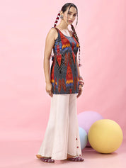 Bluish Grey Multicolor Ikat Printed Cotton Short Kurti with Tie-Back Detail