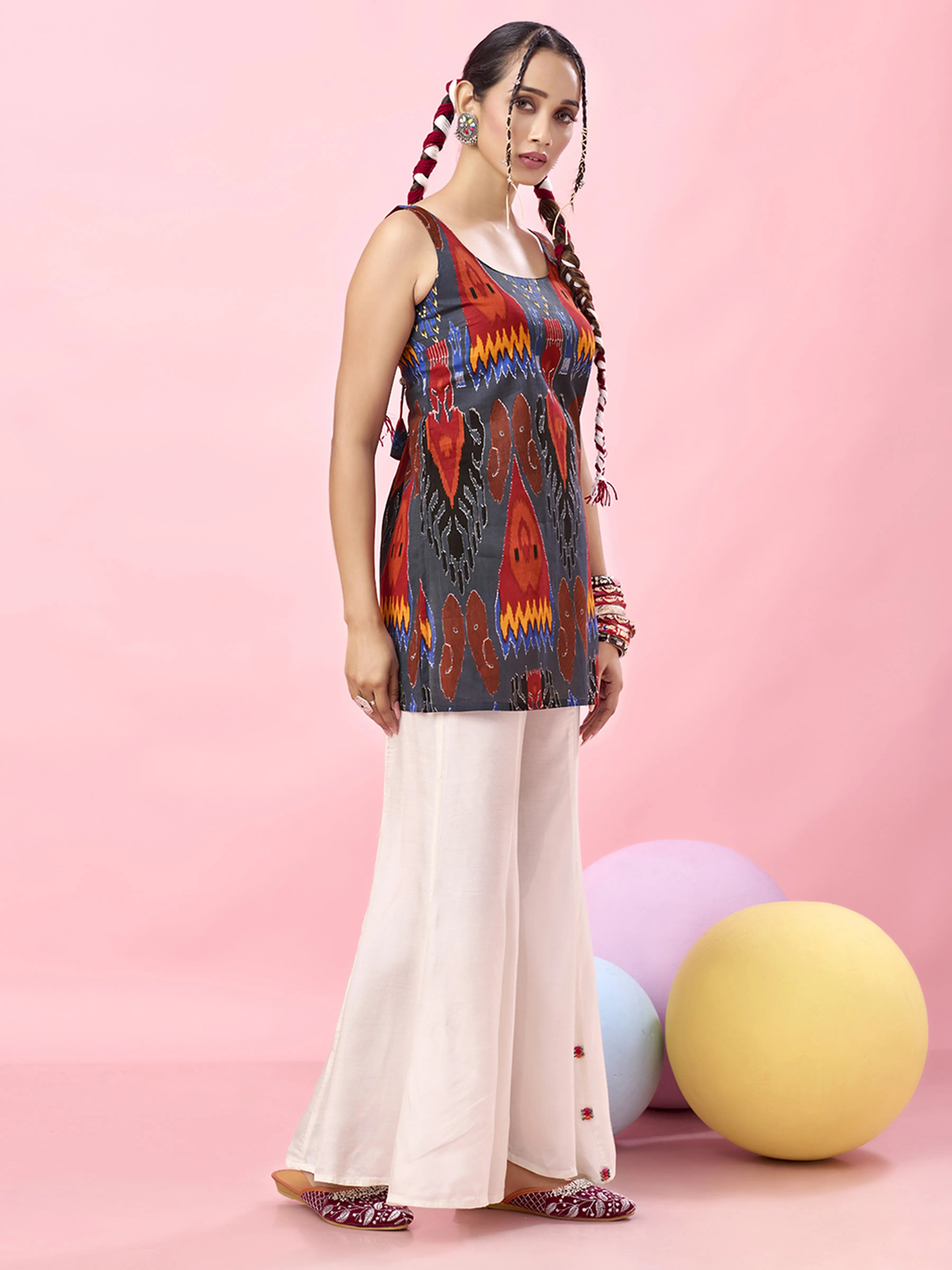 Bluish Grey Multicolor Ikat Printed Cotton Short Kurti with Tie-Back Detail