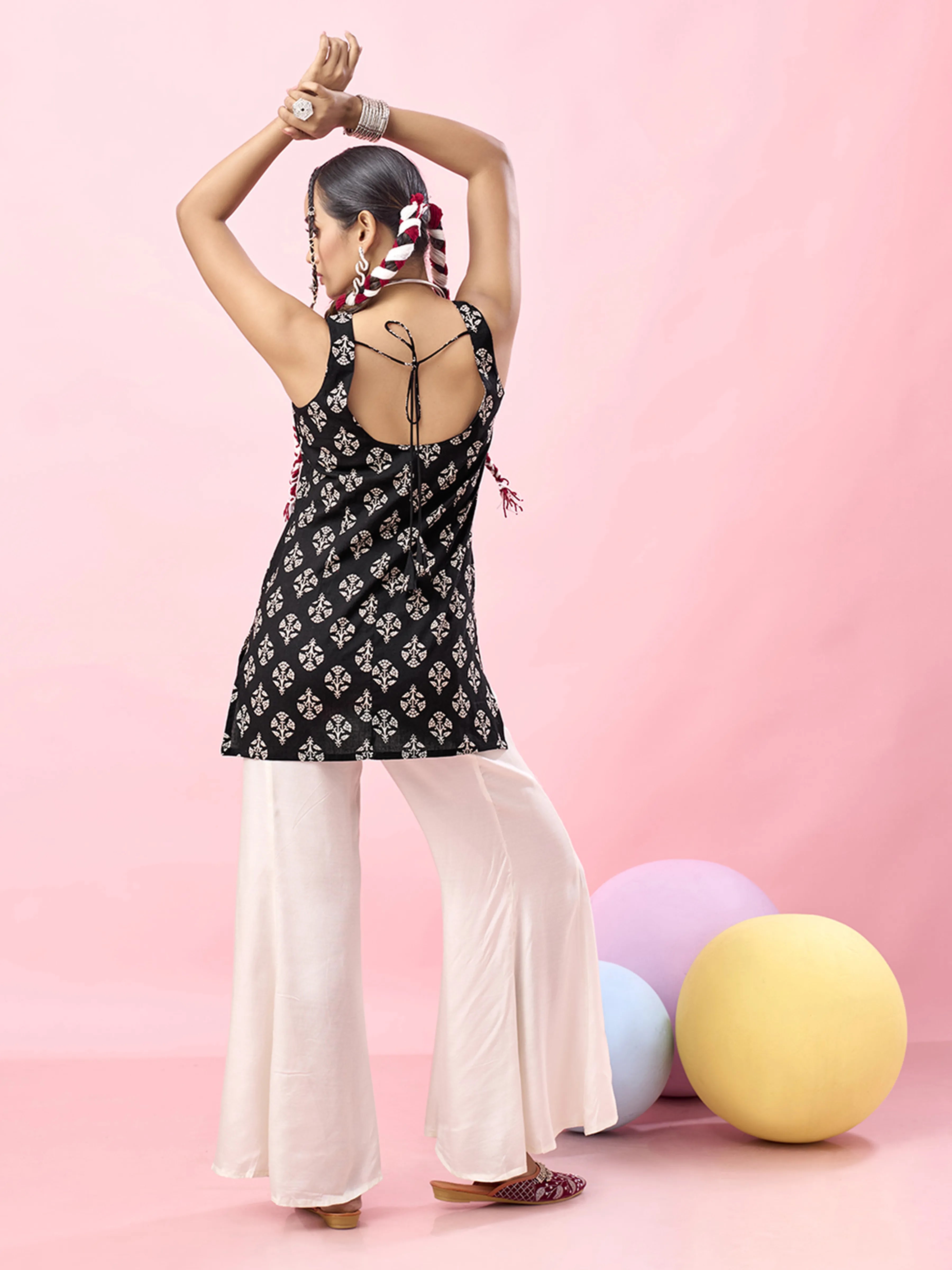 Black Circular Floral Block Printed Backless Cotton Short Kurti