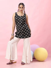Black Circular Floral Block Printed Backless Cotton Short Kurti