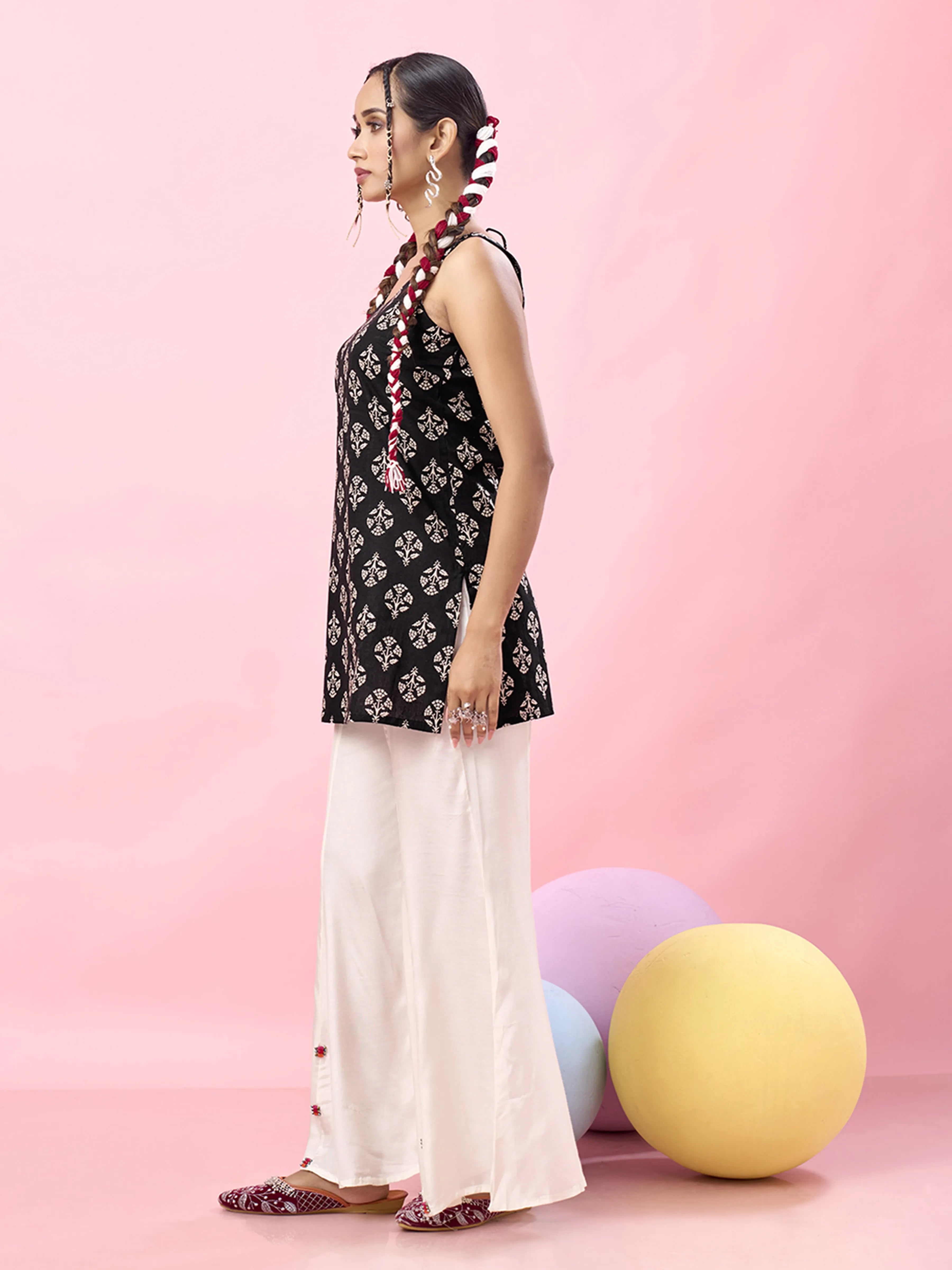 Black Circular Floral Block Printed Backless Cotton Short Kurti