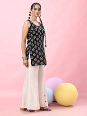 Black Circular Floral Block Printed Backless Cotton Short Kurti