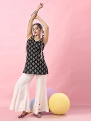 Black Circular Floral Block Printed Backless Cotton Short Kurti