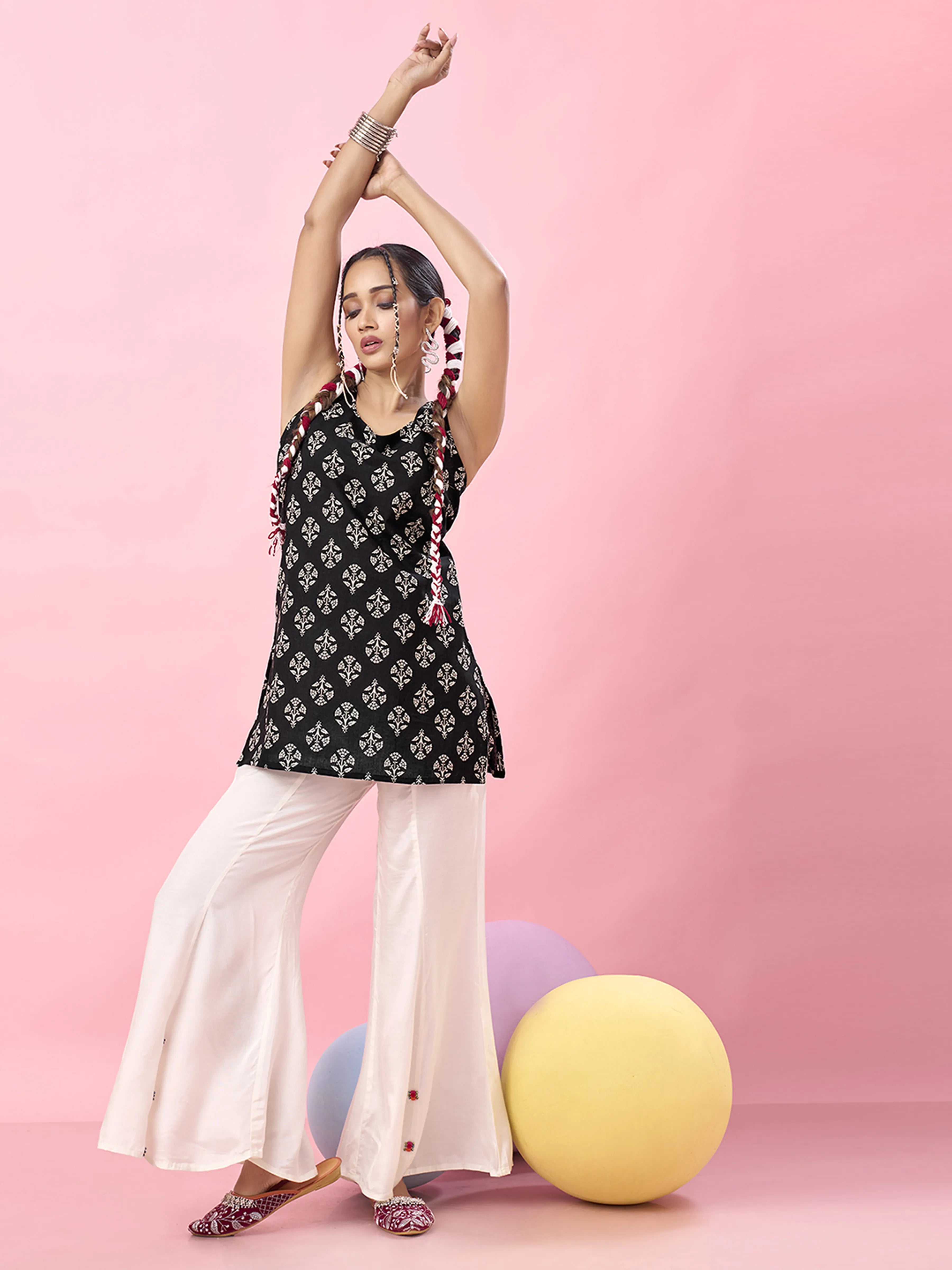 Black Circular Floral Block Printed Backless Cotton Short Kurti