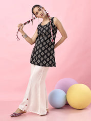 Black Circular Floral Block Printed Backless Cotton Short Kurti