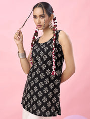 Black Circular Floral Block Printed Backless Cotton Short Kurti
