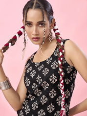 Black Circular Floral Block Printed Backless Cotton Short Kurti