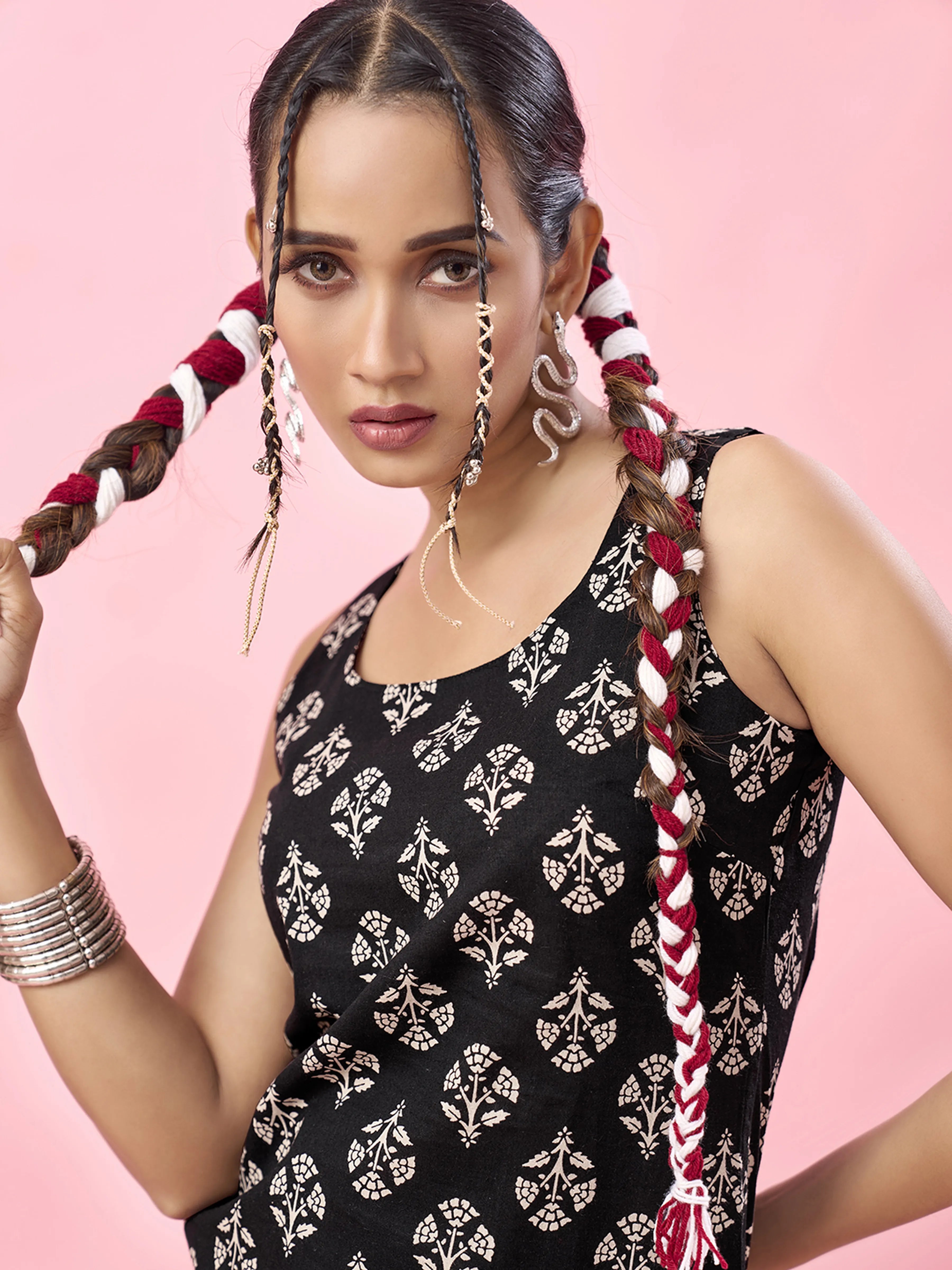 Black Circular Floral Block Printed Backless Cotton Short Kurti