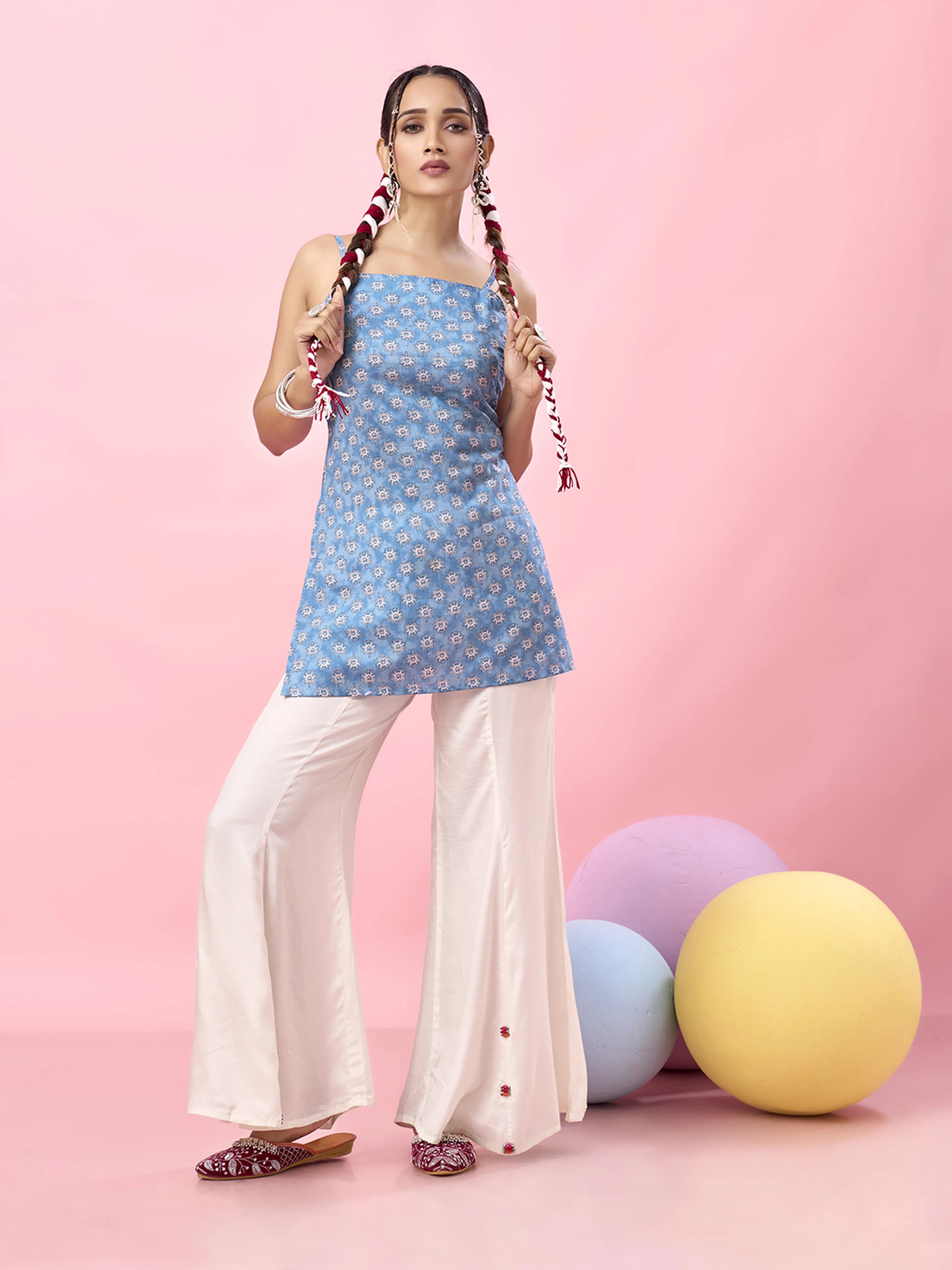 Sky Blue Floral Tie-Dye Cotton Short Kurti