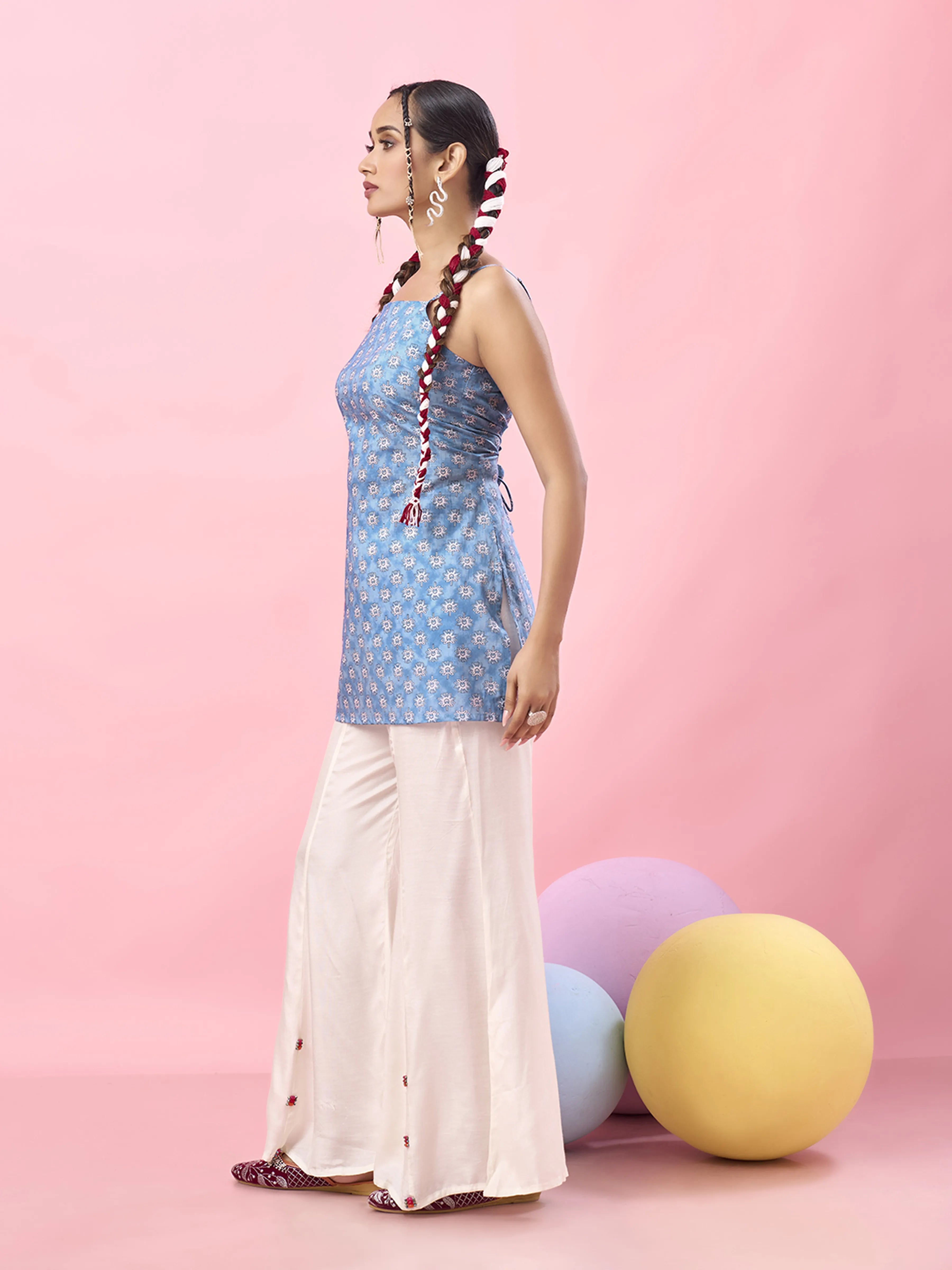 Sky Blue Floral Tie-Dye Cotton Short Kurti