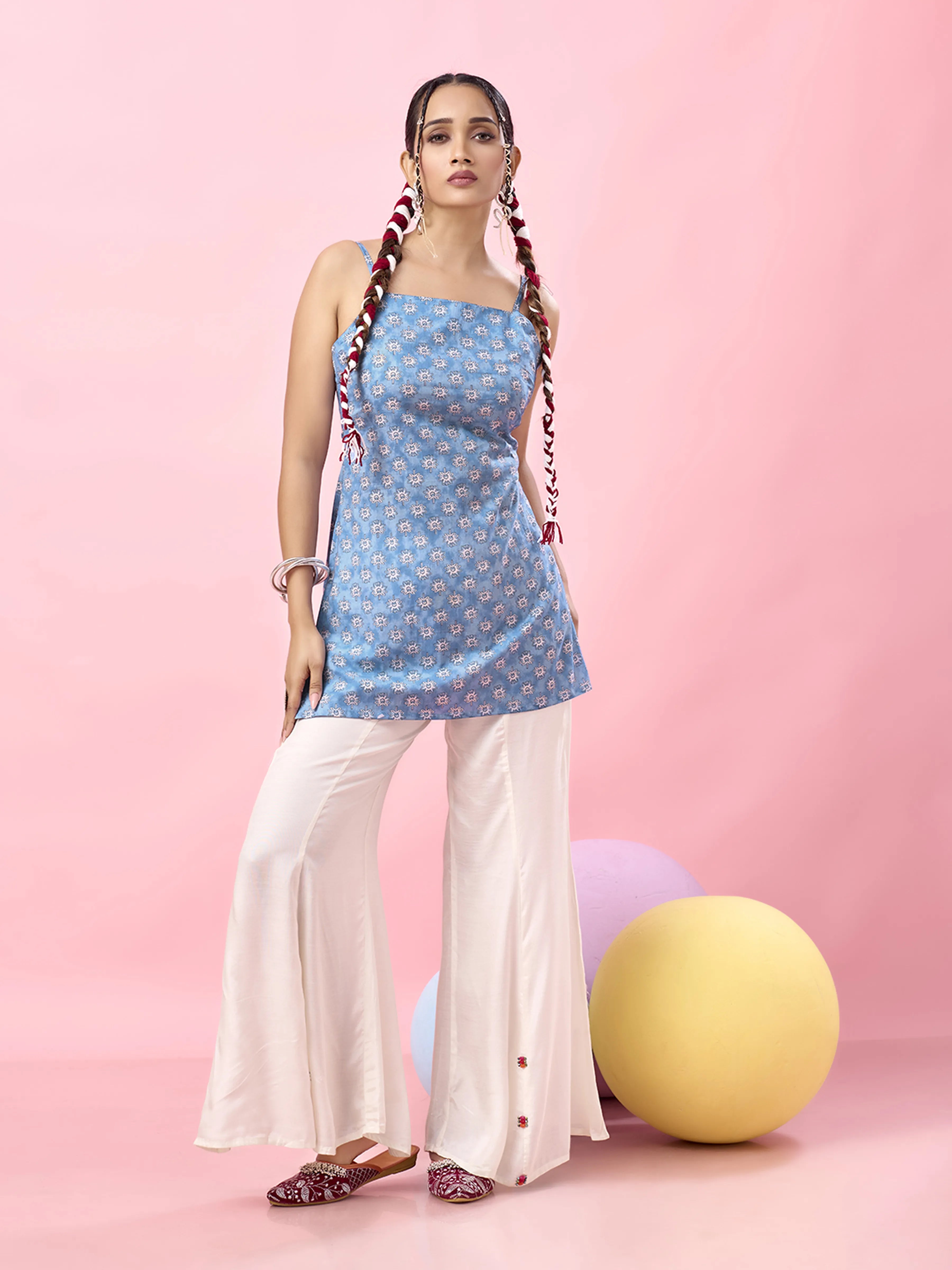 Sky Blue Floral Tie-Dye Cotton Short Kurti