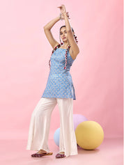 Sky Blue Floral Tie-Dye Cotton Short Kurti