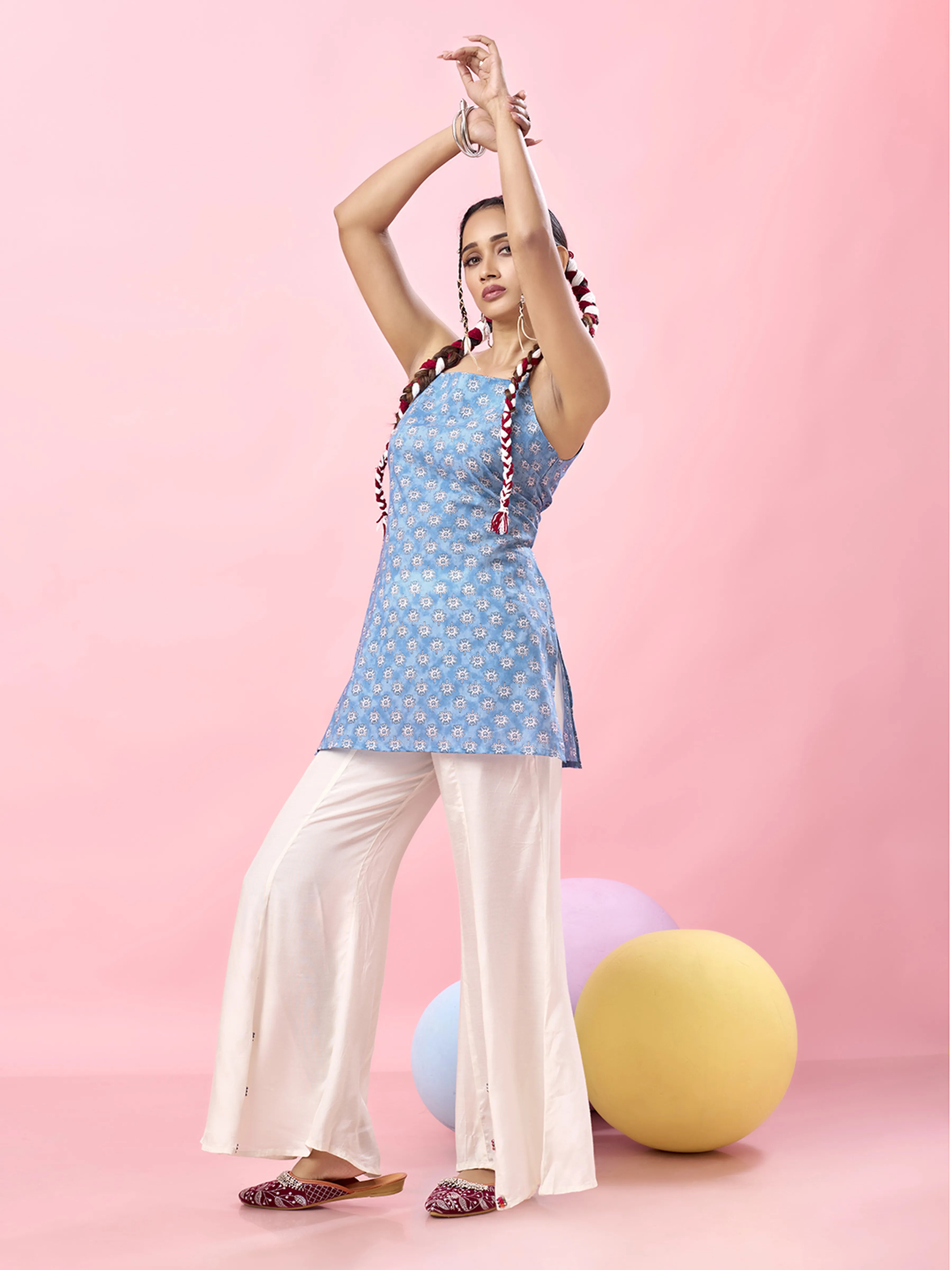 Sky Blue Floral Tie-Dye Cotton Short Kurti