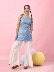 Sky Blue Floral Tie-Dye Cotton Short Kurti