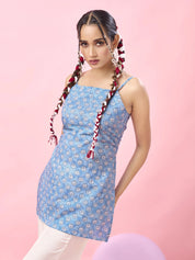 Sky Blue Floral Tie-Dye Cotton Short Kurti
