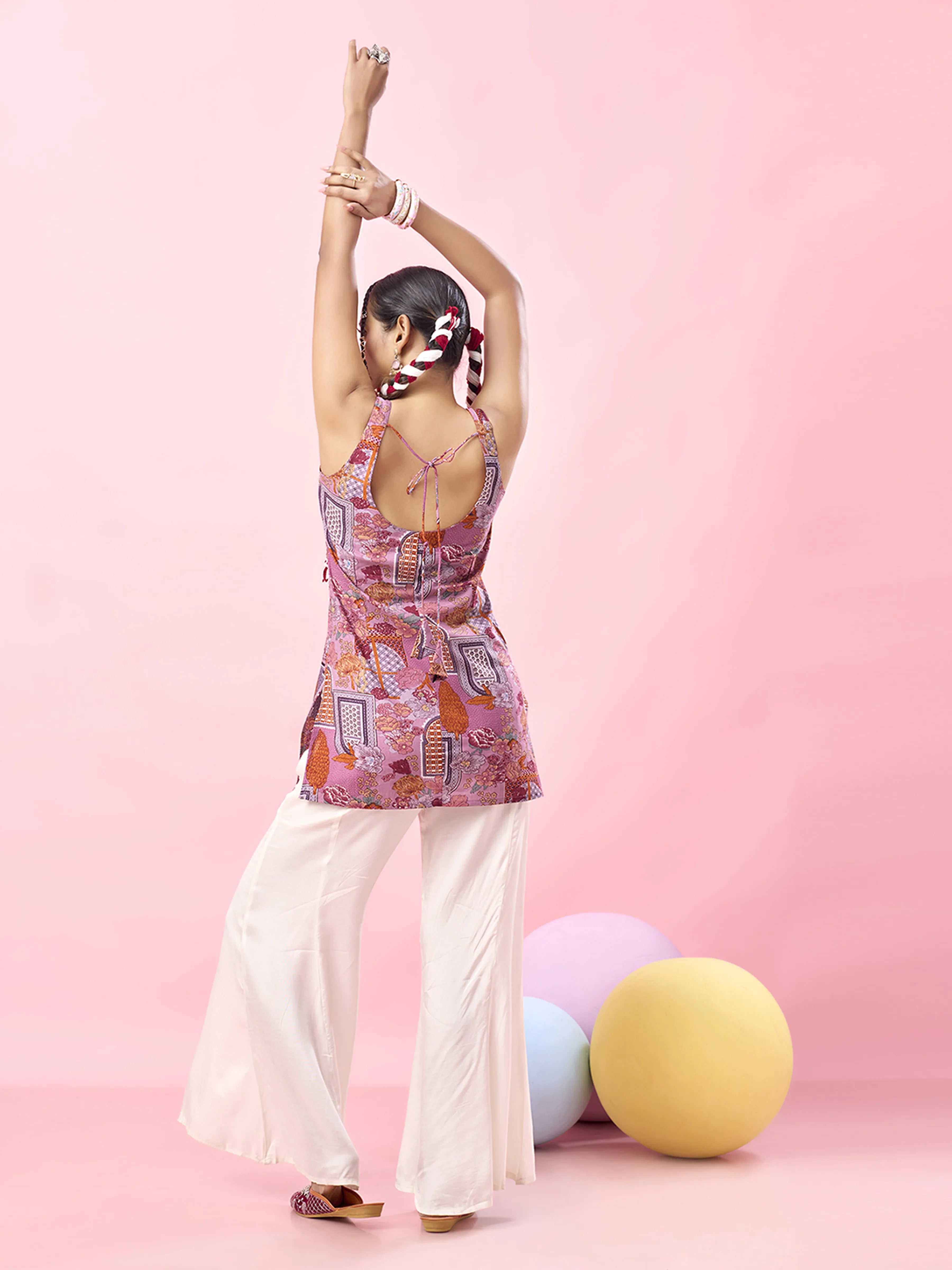 Pink Jharokha & Floral Printed Cotton Short Kurti with Tie-Back Detail