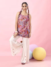Pink Jharokha & Floral Printed Cotton Short Kurti with Tie-Back Detail